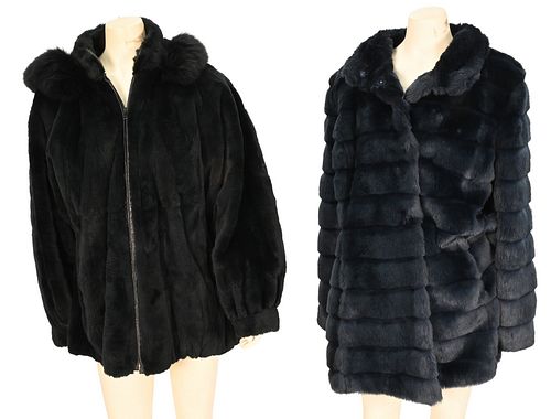 Two Piece Lot, to include dark green sheared fur jacket with removable hood and zip front closure, along with deep blue faux fur coat, no labels in ei
