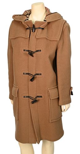 Vintage Burberry Camel Toggle Coat, having classic Burberry wool camel with toggle closure, plaid lining, large patch pockets and hood, normal wear, s