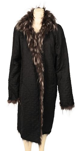 Black Fendi Quilted Fur Lined Coat, below knee length with long fur lining, button reads "Pellicce Moda Pronta", button front closure with two front p
