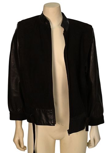 Vintage Celine Brown Leather/Suede Jacket, having stand up collar, leather sleeves and trim, front slip pockets and tie lower waist band, good conditi