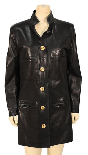 Chanel Boutique Black Leather Boutique Coat, having six button front closures and four front slip pockets, leather is supple, couple small scratches t