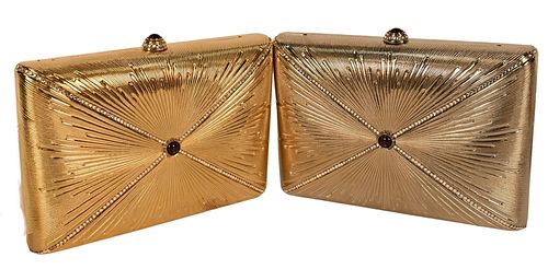Two Judith Leiber Starburst Box Minaudiere Evening Bags, one in gold and one in silver with jewels.