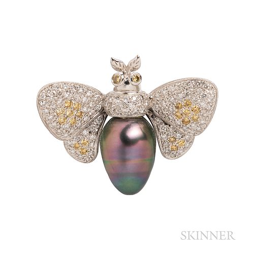 18kt White Gold, Baroque Tahitian Pearl, and Diamond Insect Brooch