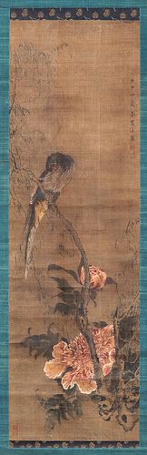 Hanging Scroll Depicting Peonies and a Parrot