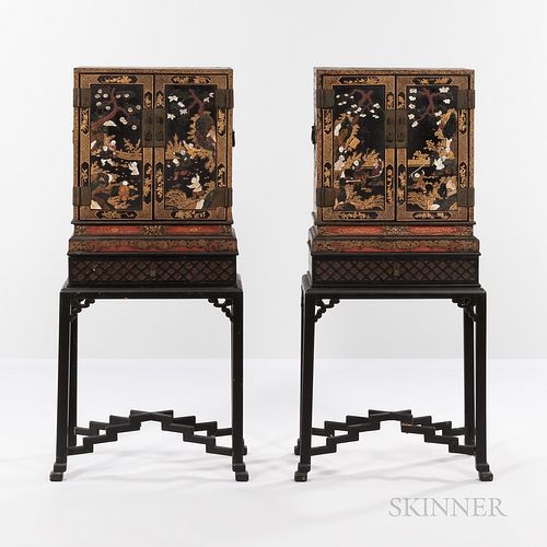 Pair of Gilt and Lacquered Two-door Cabinets on Stands