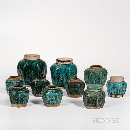 Ten Shiwan-style Green-glazed Pottery Jars