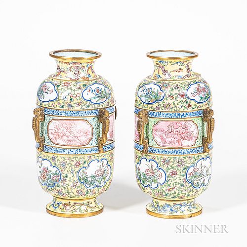 Pair of Canton Enamel Vases