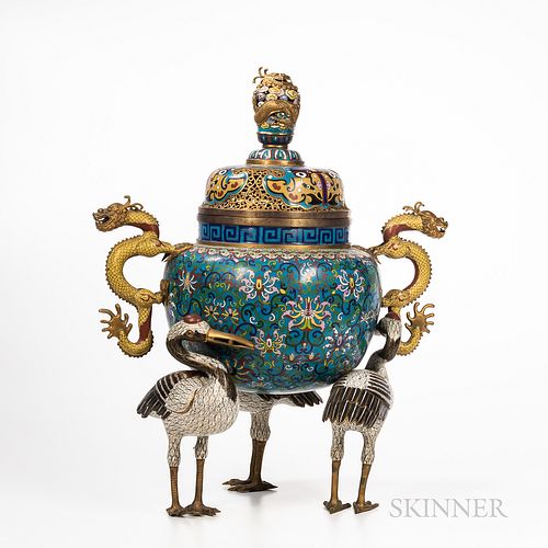 Cloisonne Tripod Handled Censer with Openwork Cover