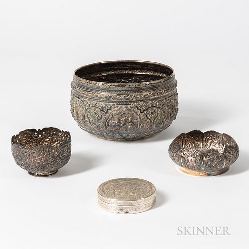 Three Silver Repousse Bowls and a Covered Box