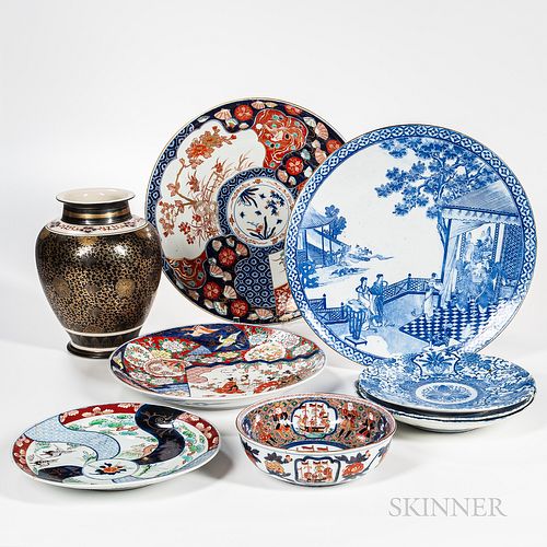 Nine Mostly Export Imari and Blue and White Ceramic Items