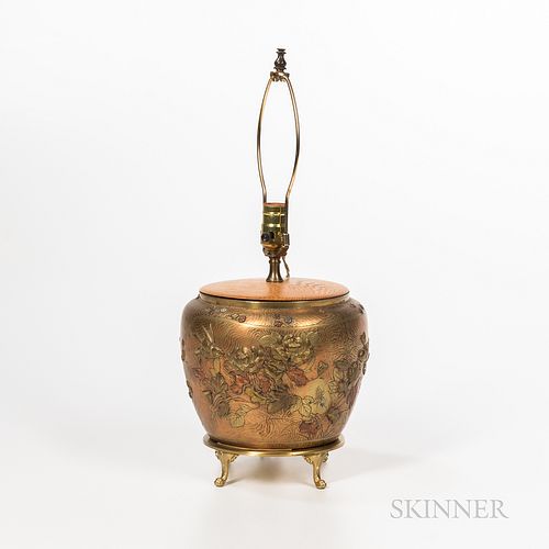 Mixed Metal-inlaid Brass Jar Mounted as Lamp