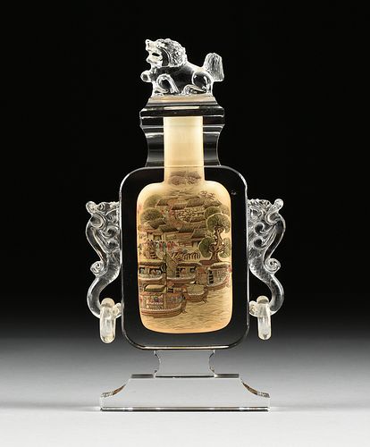 A CHINESE STYLE INTERIOR PAINTED SNUFF BOTTLE FORM CRYSTAL GLASS BOTTLE WITH STOPPER, 20TH CENTURY,