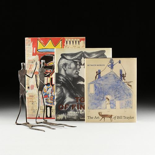 A COLLECTION OF THREE MODERN ART AND EROTICA BOOKS AND A PAIR OF FORGED IRON BOOKENDS, 20TH CENTURY,