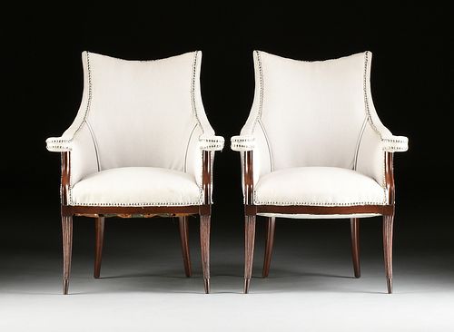 A PAIR OF ART DECO UPHOLSTERED MAHOGANY BERGERES, SECOND-QUARTER 20TH CENTURY 