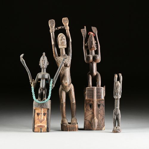 A GROUP OF FOUR AFRICAN SATIMBE MASKS AND FIGURE, DOGON, MALI, 20TH CENTURY,
