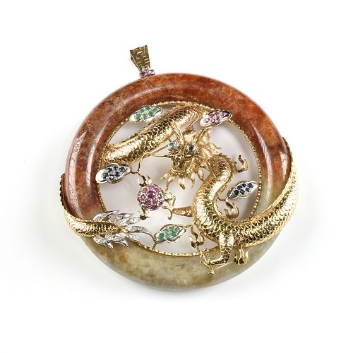 A VINTAGE CHINESE 14K GOLD, PRECIOUS GEMSTONE SET CIRCLE JADE PENDANT, DRAGON IN CLOUDS, 1950's,