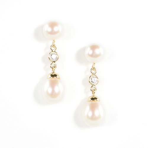 A PAIR OF TIFFANY & CO. 18K YELLOW GOLD, PEARL AND DIAMOND DROP EARRINGS, CIRCA 2005,