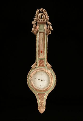 A LOUIS XVI PROVINCIAL GILT AND PAINTED WOOD BAROMETER/THERMOMETER, 1775,