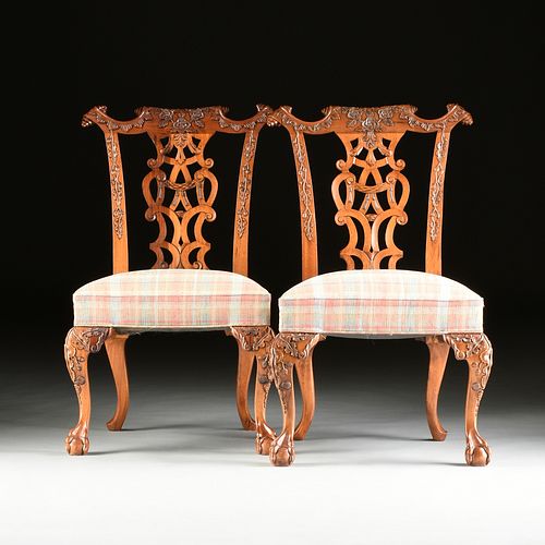 A SET OF FOUR GEORGE III STYLE CARVED TEAK DINING CHAIRS, MODERN,