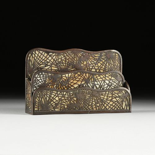 A TIFFANY STUDIOS BRONZE AND STAINED GLASS "PINE NEEDLES" LETTER HOLDER, STAMPED, 1900-1920,