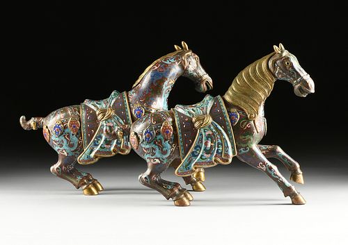 A PAIR OF CHINESE RED CLOISONNÉ WAR HORSES ON STANDS, 20TH CENTURY,