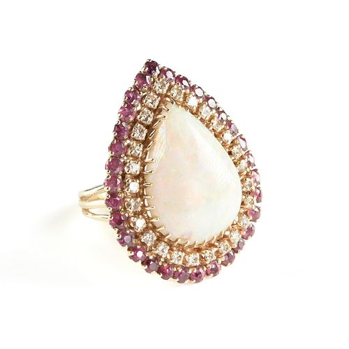 A 14K YELLOW GOLD, OPAL, RUBY, AND DIAMOND RING,
