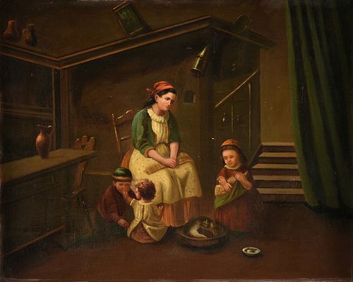 ITALIAN SCHOOL, A PAINTING, "Genre Interior: Mother and Three Children," EARLY/MID 19TH CENTURY,