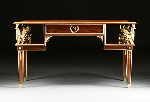 AN EMPIRE REVIVAL STYLE GILT METAL MOUNTED AND LEATHER TOPPED MAHOGANY BUREAU PLAT, LATE 20TH CENTURY,