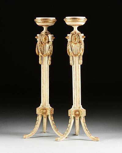A PAIR OF ITALIAN NEOCLASSICAL PARCEL GILT AND PAINTED WOOD TORCHÈRES, POSSIBLY PIEDMONTESE, LATE 18TH CENTURY,
