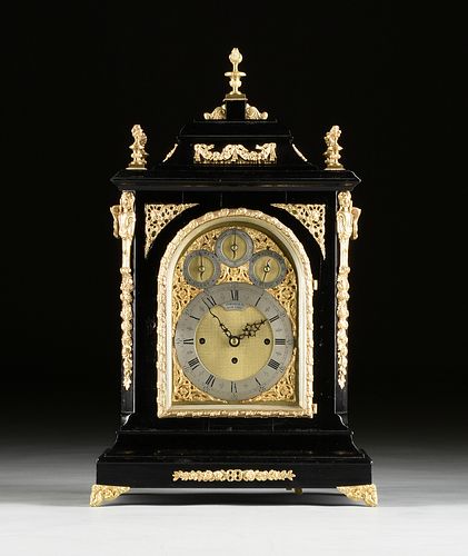 A WILLIAM & MARY STYLE GILT BRASS MOUNTED EBONIZED WOOD BRACKET CLOCK, BY J.C. JENNENS, LONDON, RETAILED BY HOWARD & CO, NEW YORK, LATE 19TH CENTURY, 