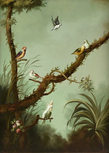IRA MONTE (Spanish b. 1918) A PAINTING, "Tropical Birds with Major Mitchell's Cockatoo," 