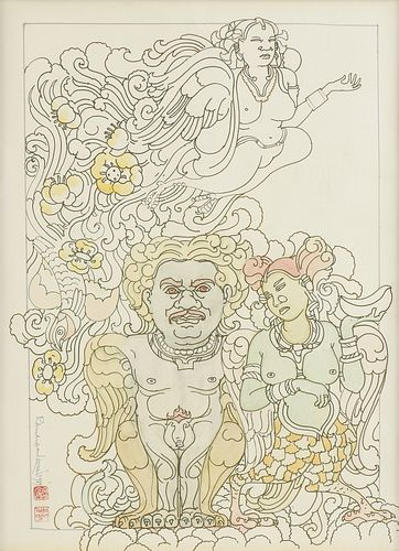 ATTINGAL RAMACHANDRAN (Indian b. 1935) A PAINTING, "Sketch of Garuda with Goddesses," 1989,
