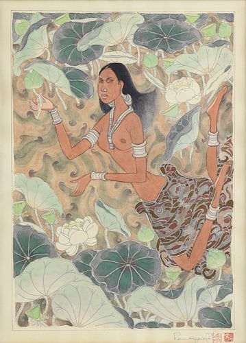 ATTINGAL RAMACHANDRAN (Indian b. 1935) A PAINTING, "Dancer in the Lotus," 1990,