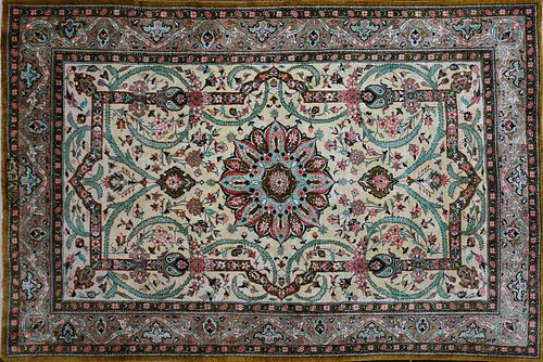 A VINTAGE PERSIAN QUM STYLE CHARTREUSE AND TURQUOISE ON A CREAM GROUND SILK RUG, 1920-1970, 