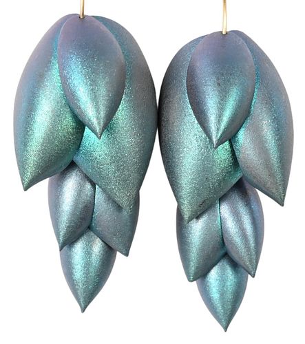 Pair of Ted Muehling Articulated Pinecone Earrings, 14 karat gold and niobium, length 2 1/2 inches.
