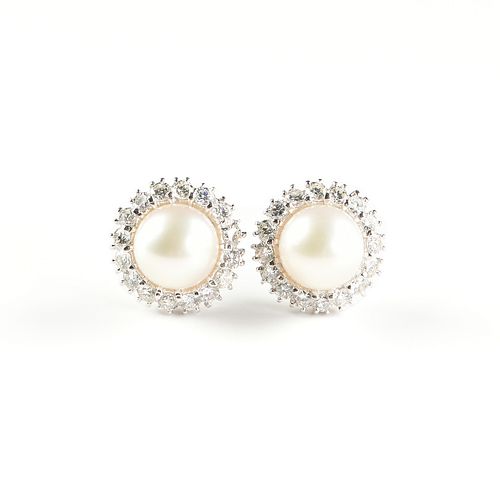 A PAIR OF 18K WHITE GOLD, DIAMOND EARRING JACKETS WITH PEARL STUDS,