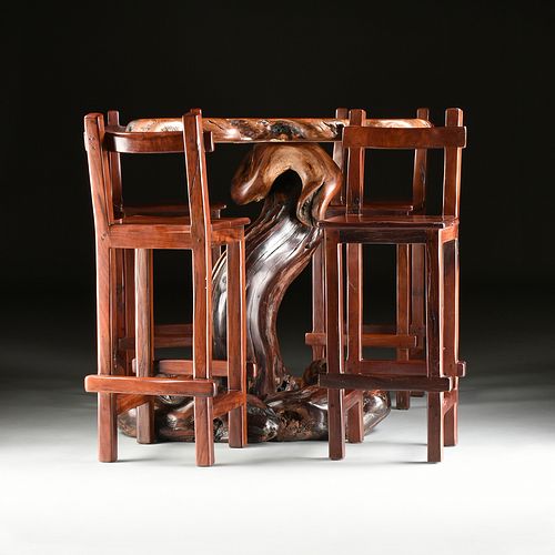 A FIVE PIECE AFRICAN NATURAL FORM BURLED BUBINGA WOOD BISTRO TABLE AND BUBINGA WOOD CHAIRS GROUP, LATE 20TH CENTURY, 