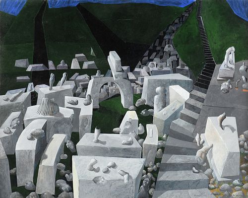 LUCAS JOHNSON (American 1940-2002) A PAINTING, "Ex-Monumentos," HOUSTON, 1990-1991,