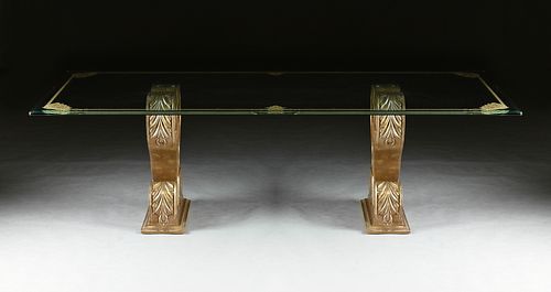 A HOLLYWOOD REGENCY STYLE GLASS TOPPED AND LACQUERED WOOD TWO PEDESTAL DINING TABLE, MODERN,