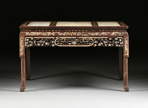 A CHINESE MOTHER OF PEARL INLAID AND MARBLE INSET HARDWOOD CENTER TABLE, LATE QING DYNASTY/EARLY REPUBLIC PERIOD, 1900-1930, 