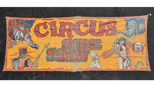 A VINTAGE CIRCUS "SIDE SHOW" PAINTED BANNER, SECOND HALF 20TH CENTURY,  