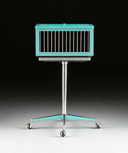 A MAGICIAN'S DOVES/RABBIT TURQUOISE ILLUISION ACT CAGE ON STAND, 20TH CENTURY,