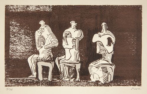 HENRY MOORE (United Kingdom, 1898 - 1986).
"Three sealed figures in setting". 1979.
Lithograph, copy 17/75.
Signed and justified by him.