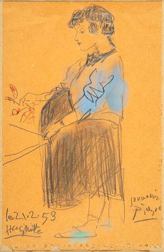 PABLO PICASSO (Malaga, 1881 - Mougins, France, 1973).
"Portrait of Huguette", 21.2.1953.
Drawing in pencil, colored pencils and pastel on notebook she
