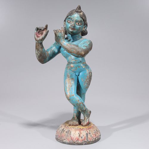 Large Antique Polychrome Copper Alloy Standing Krishna