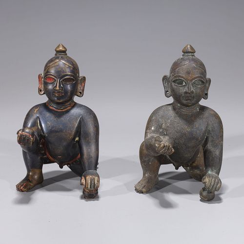 Two Antique Indian Bronze Crawling Shiva Statues