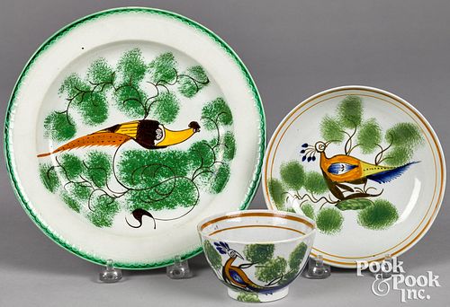 Three pieces of Leeds peafowl porcelain, 19th c.