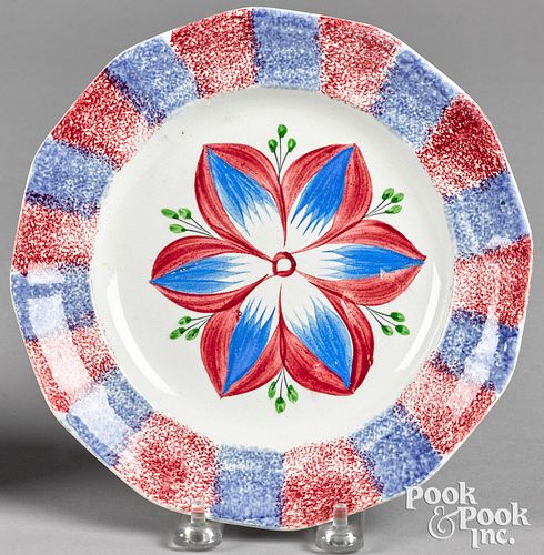 Red and blue rainbow spatter Dahlia plate, 19th c.