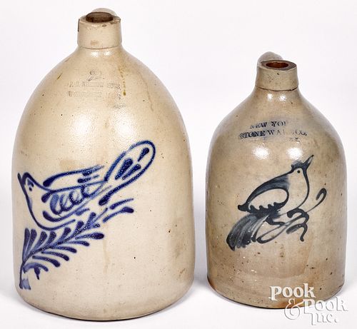 Two cobalt bird decorated stoneware jugs, 19th c.