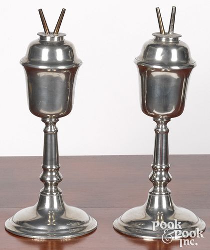 Pair of large pewter whale oil lamps, mid 19th c.